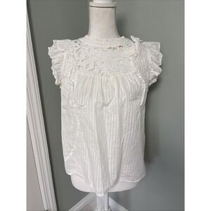 Caballero Blouse Eyelet White Size Large Short Sleeve Ruffle Size Small